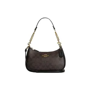 COACH Teri 25 Classic Monogram Zip Top Crossbody Bag for Women, Medium Size, Brown and Black Leather and Faux Leather