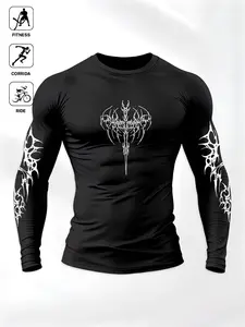 Men's Gothic Tribal Symbol Long Sleeve Compression Shirt, Dark Streetwear Muscle Fit Workout Top, Cyberpunk Tattoo Graphic Athletic Tee