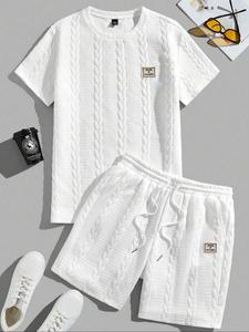 men's solid jacquard tee & shorts two-piece set, regular fit casual round neck short sleeve t-shirt & track shorts, men's summer clothes, men's 2 piece set, graphic sweatsuit sets for men, sets for men clothing