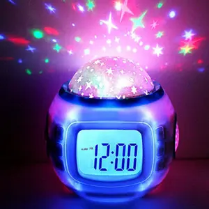 Starry Projector Lamp Powered LED Alarm Clock Projection Light Portable Digital Alarm Clock with Calendar Thermometer Decorative Night Light for Bedroom Living Room Kids Room