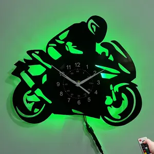 LED Motorcycle Vinyl Wall Clock 7 Color Changing Lights Silent Non-Ticking Man Cave Garage Decor Perfect Gift for Bikers (Battery Not Included)