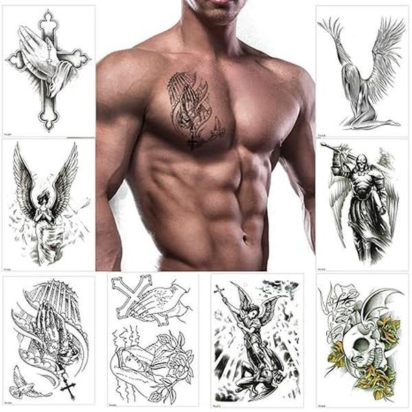 Temporary Tattoos for Men Women Black Large Catholic Cross angel Tattoo Sticker Body Art Makeup Half Arm Fake Tattoo Waterproof (Pattern 2)