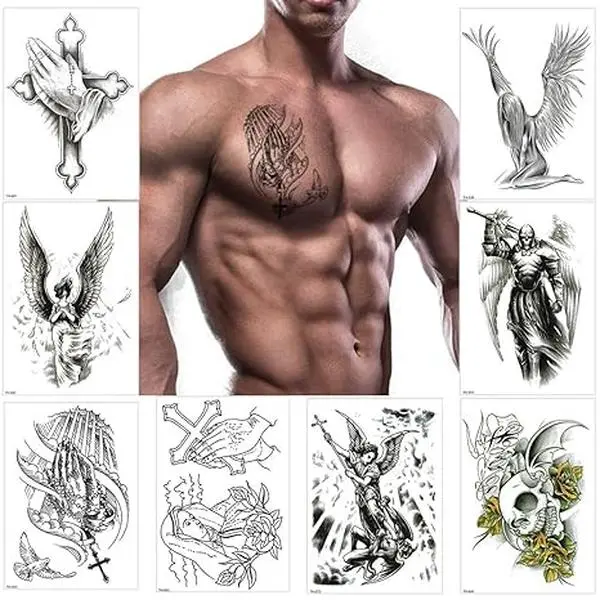 Temporary Tattoos for Men Women Black Large Catholic Cross angel Tattoo Sticker Body Art Makeup Half Arm Fake Tattoo Waterproof (Pattern 2)