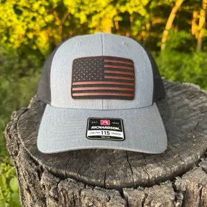 Richardson Flag Leather Patch Richardson 112 Hat with American Flag Design and Gray Colorway