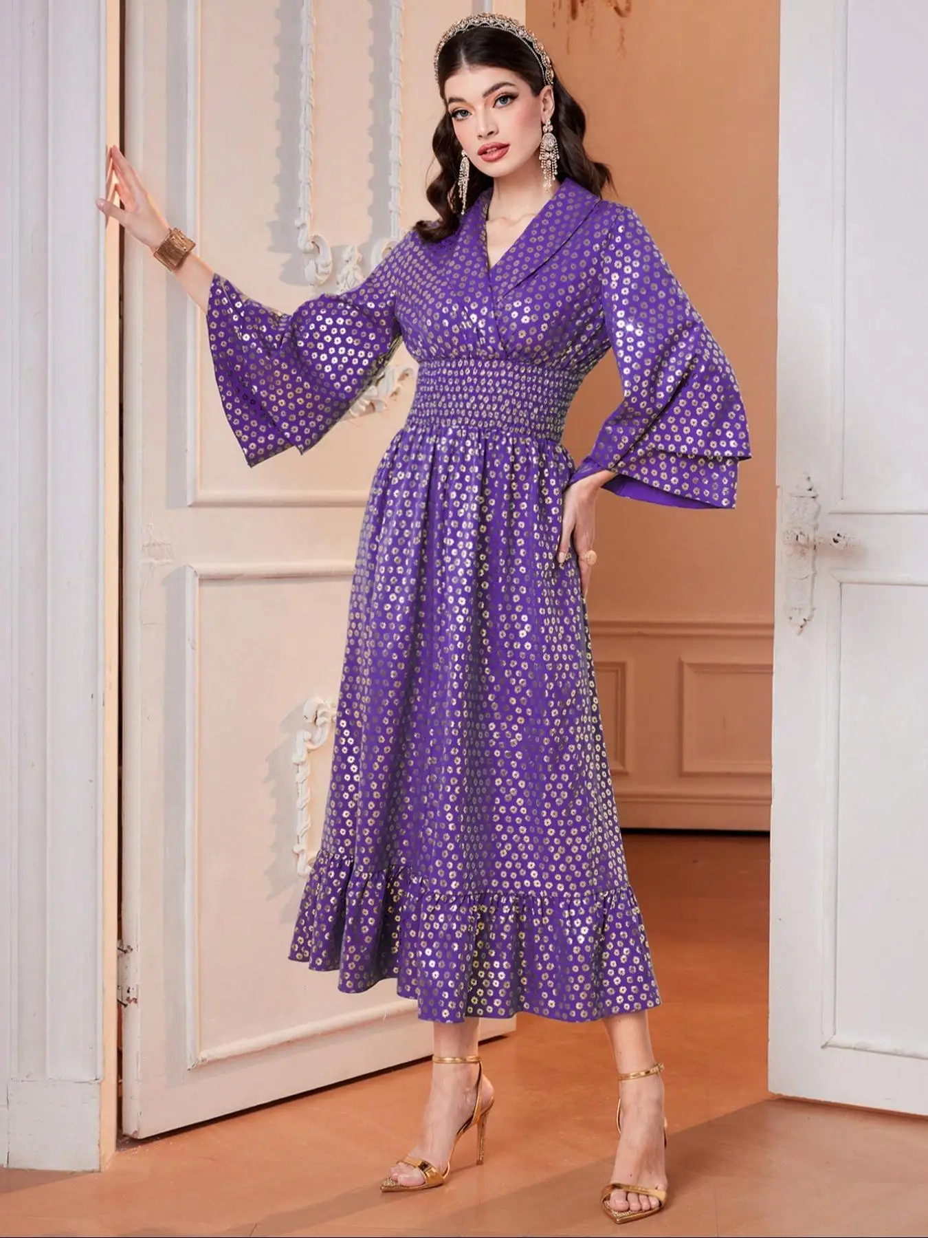 Women's Floral Jacquard Embroidery Lace Trim Dress, Elegant V Neck Bell Sleeve Long Dress for Party Holiday Wedding Guest, Ladies Clothes for All Seas