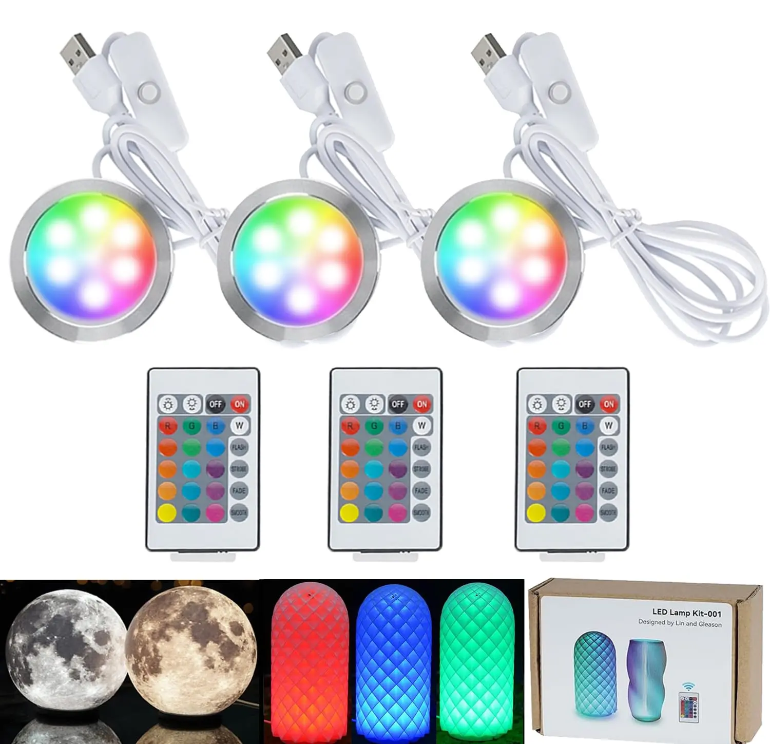 3-Pack IR RGB LED Lamp Kit 001 for Bambu Lab MH001 Light Projects| Power-off Color Memory, 16 Adjustable Colors, 5V USB Powered, DIY 3D Printed Lamp Parts For Makerwold