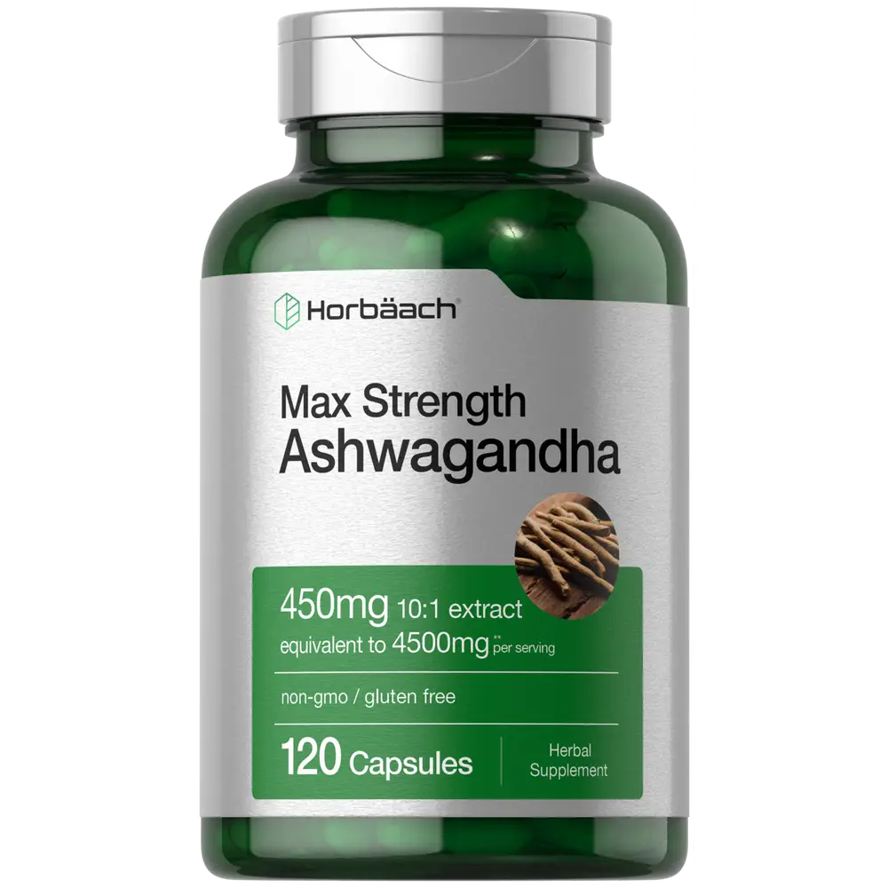 Horbäach Ashwagandha Supplement | Max Strength | 120 Capsules | Non-GMO, Gluten Free
