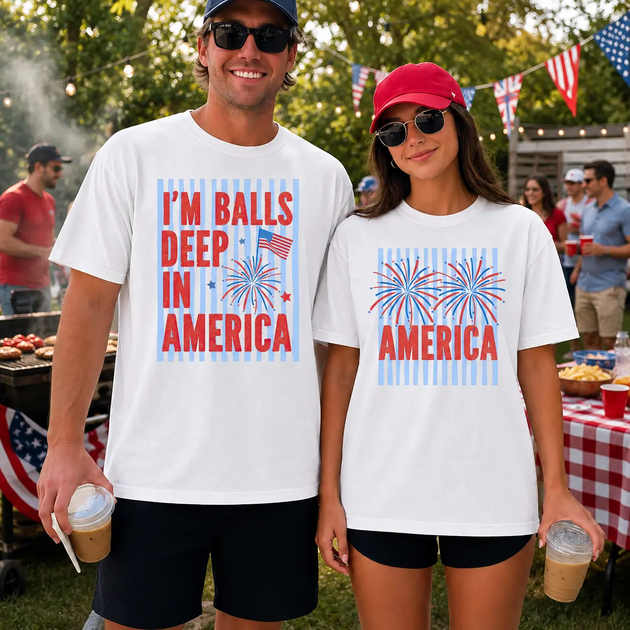 I’m Balls Deep In America 4th of July Striped Shirts, Funny Couples Fourth of July Shirts, Adult Humor 4th of July Matching Shirts for Couples, Independence Day Fireworks Tees
