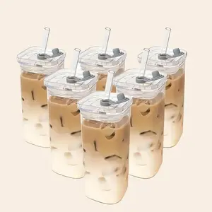 Reusable Heatproof Glass Tumbler Mug - Portable, Washable, Stylish Beverage Cup with Lid & Straw, Durable 4/6-Pack Kitchenware for Home & Outdoor Use