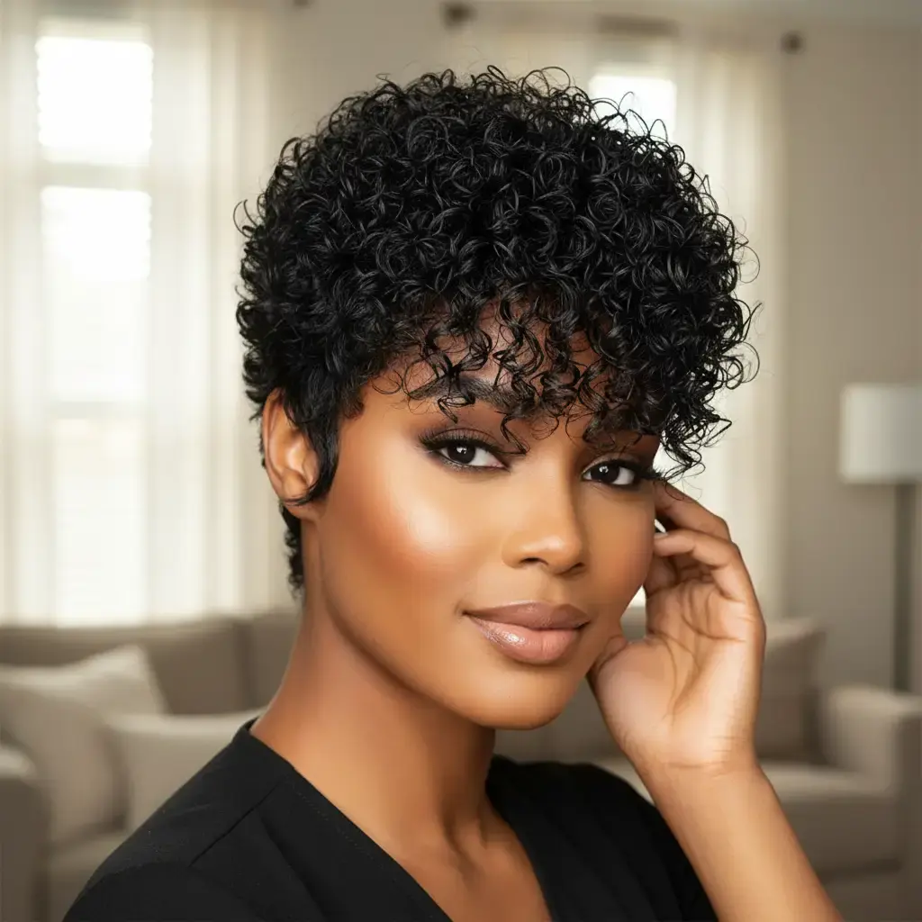 Unisex Human Hair Full Machine Wig - Afro Kinky Curly Pixie Cut with Bangs, Full Wig