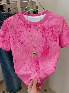 Raspberry Faded Tie-Dye Crew Neck Short Sleeve T-Shirt, American Sweet Cool Style, Breathable Streetwear Fashion