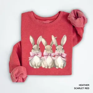 Triple Bunny Sweatshirt/Hoodie/T-Shirt, Cute Pink Bow Rabbits Graphic Hoodie, Easter Spring Vintage T-Shirt for Men and Women