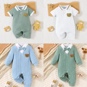 1-18M Kid‘s Bear Embroidery Short Sleeve Ribbed Knit Spliced Jacquard Romper, Comfortable and Cute Clothes for Toddler Boys/Girls 42503052