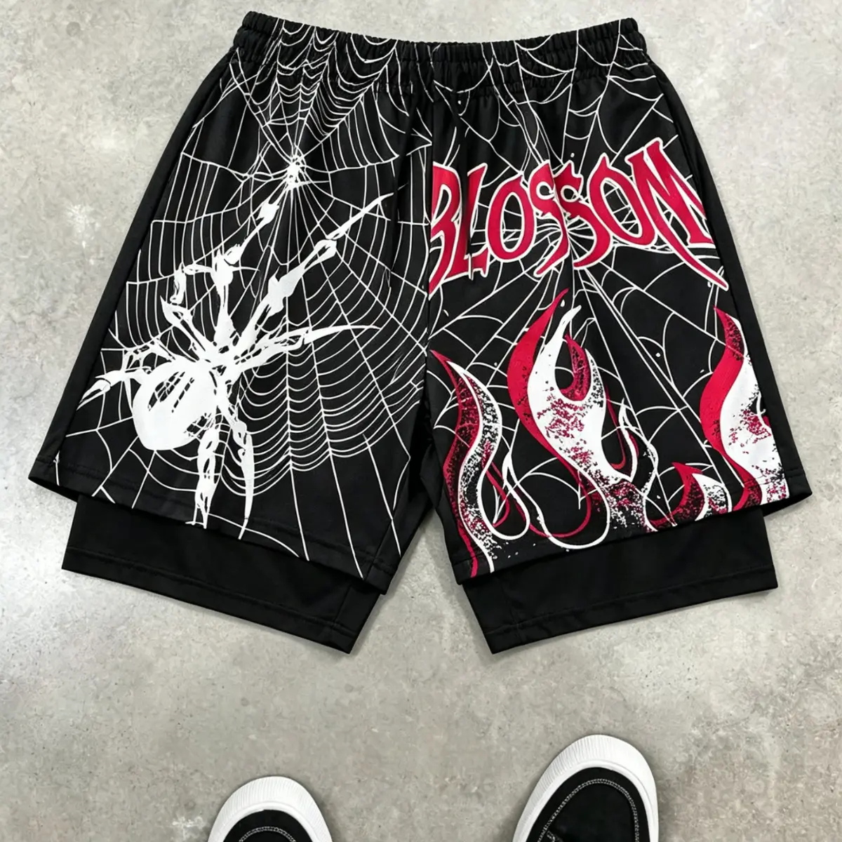 American streetwear basketball shorts with spider flame print, double-layer fitness shorts American streetwear basketball shorts with spider flame print, double-layer fitness shorts