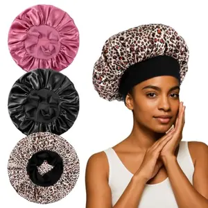 Silk Bonnet for Men 3 Pcs Satin Bonnet for Sleeping Women Elastic Sleep Cap Hairs Wrap Double Layer Large Hair Bonnets for Curly Hair Locs Braids Black Leather Pink Leopard Print