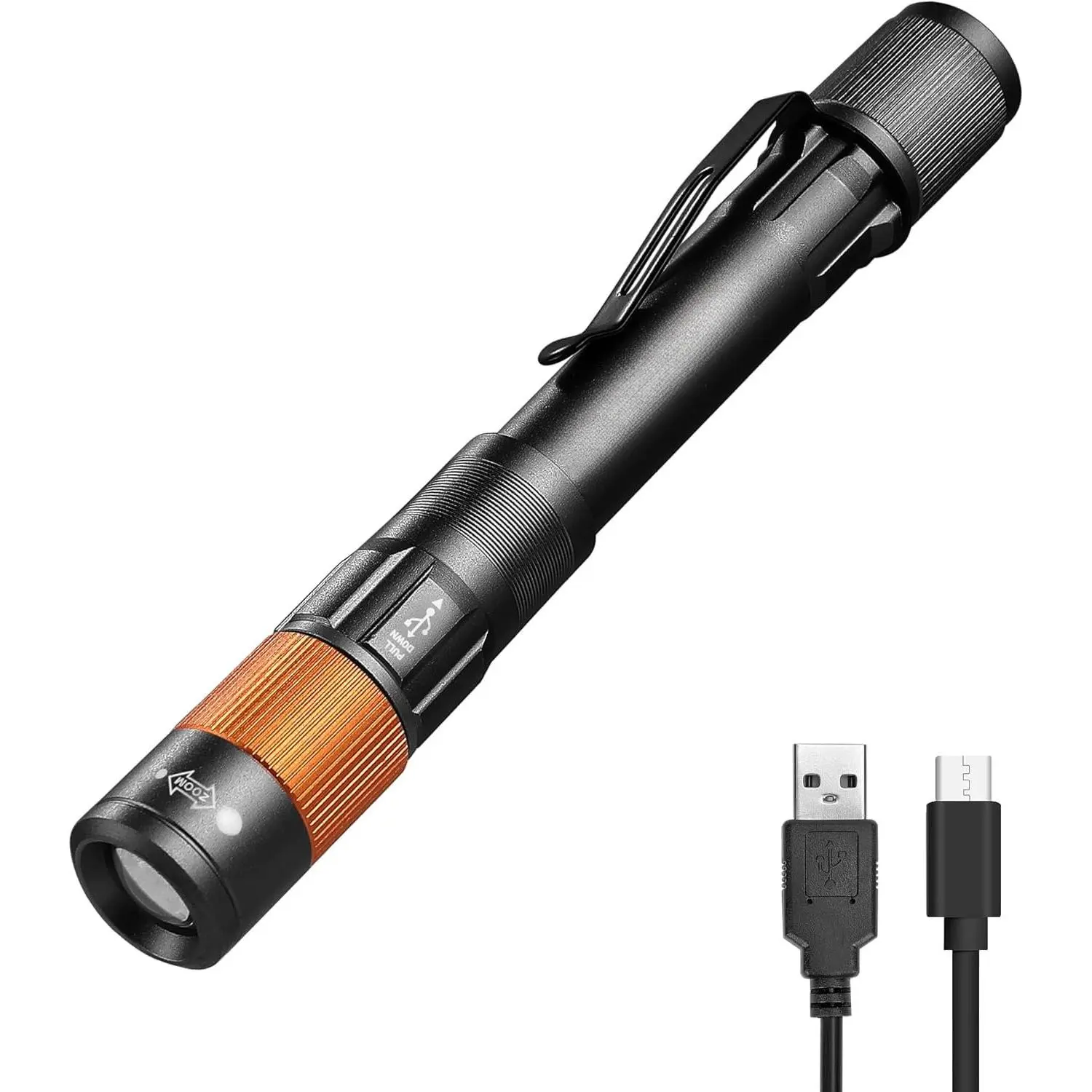 Rechargeable Pen Light, 300 Lumens EDC Flashlight, Zoomable LED Pocket Flashlight with Clip, Memory Function and USB C  Included, for Camping, , Charcoal Black