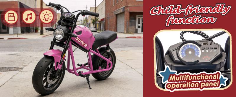 Treaded Fun Nook,24V XL Electric Ride-On Motorcycle for Kids 6+, Electric Mini Kids Dirt Bike, 300W High-Speed Motor, Dual Suspension, 14in EVA Wheels, Twist Throttle, Music & Lights