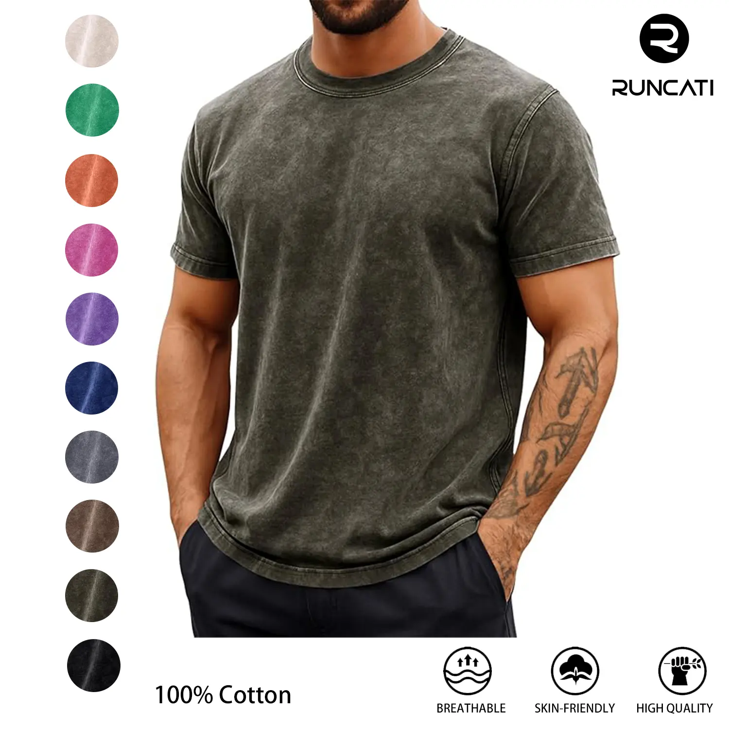 Runcati Mens Short Sleeve T-Shirts 100% Cotton Crew Neck Casual Shirt Vintage Acid Wash Summer Fashion Tees