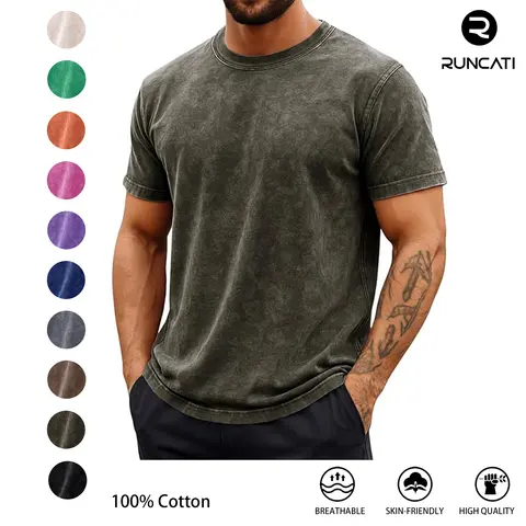 Runcati Mens Short Sleeve T-Shirts 100% Cotton Crew Neck Casual Shirt Vintage Acid Wash Summer Fashion Tees