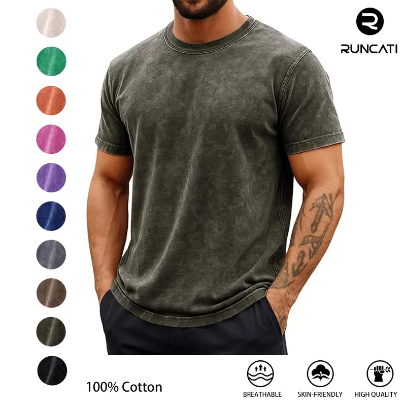 Runcati Mens Short Sleeve T-Shirts 100% Cotton Crew Neck Casual Shirt Vintage Acid Wash Summer Fashion Tees