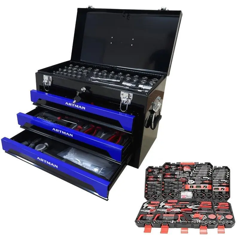 239/439pcs Mechanics Tool Set, Household Tool Kit with 3-Drawer Heavy Duty Metal Box, Portable Tool Box for Home/Auto Repair