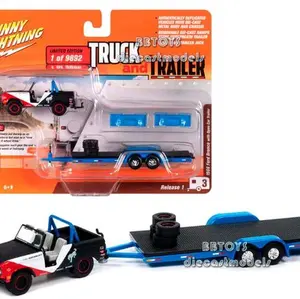 Ford 1966 Bronco "Ford Performance" Black with Red and White Accents, Open Trailer, Diecast Model by Johnny Lightning, Series 1/64
