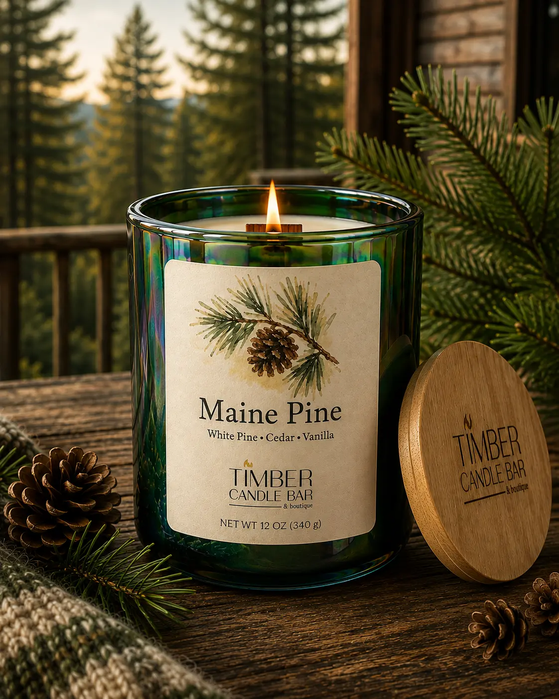 Maine Pine 12 OZ (340 g) Candle with signature crackling wooden wick.