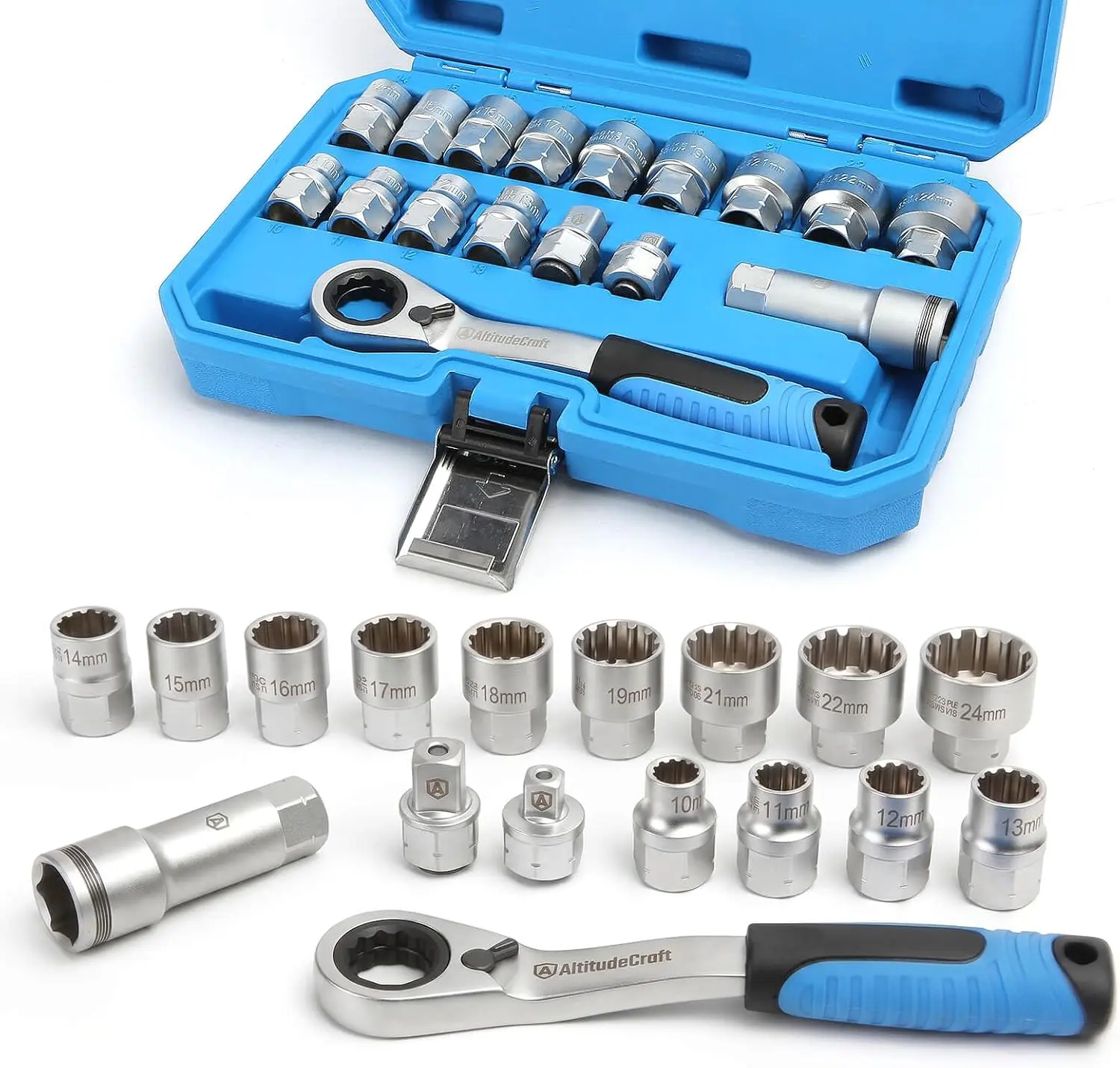 17/13 Tool Set - Adjustable Ratchet Socket Wrench Set - Includes Tool Box Set