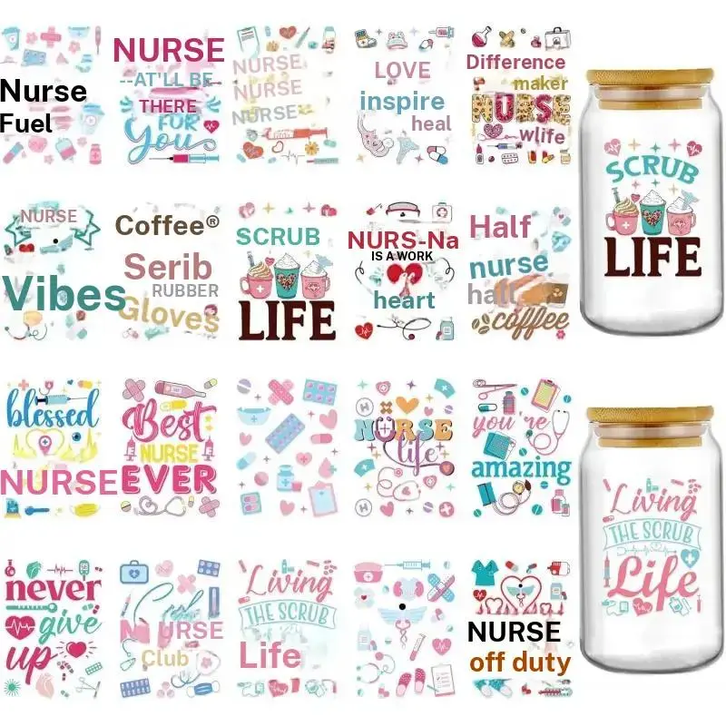 UV DTF Cup Wrap - 20 Sheets Nurse UV DTF Cup Wrap for 16 oz Glass Water Bottle, Stethoscope Inspirational Quotes Uvdtf Transfer Stickers for RN, CNA, LPN Appreciation Gift