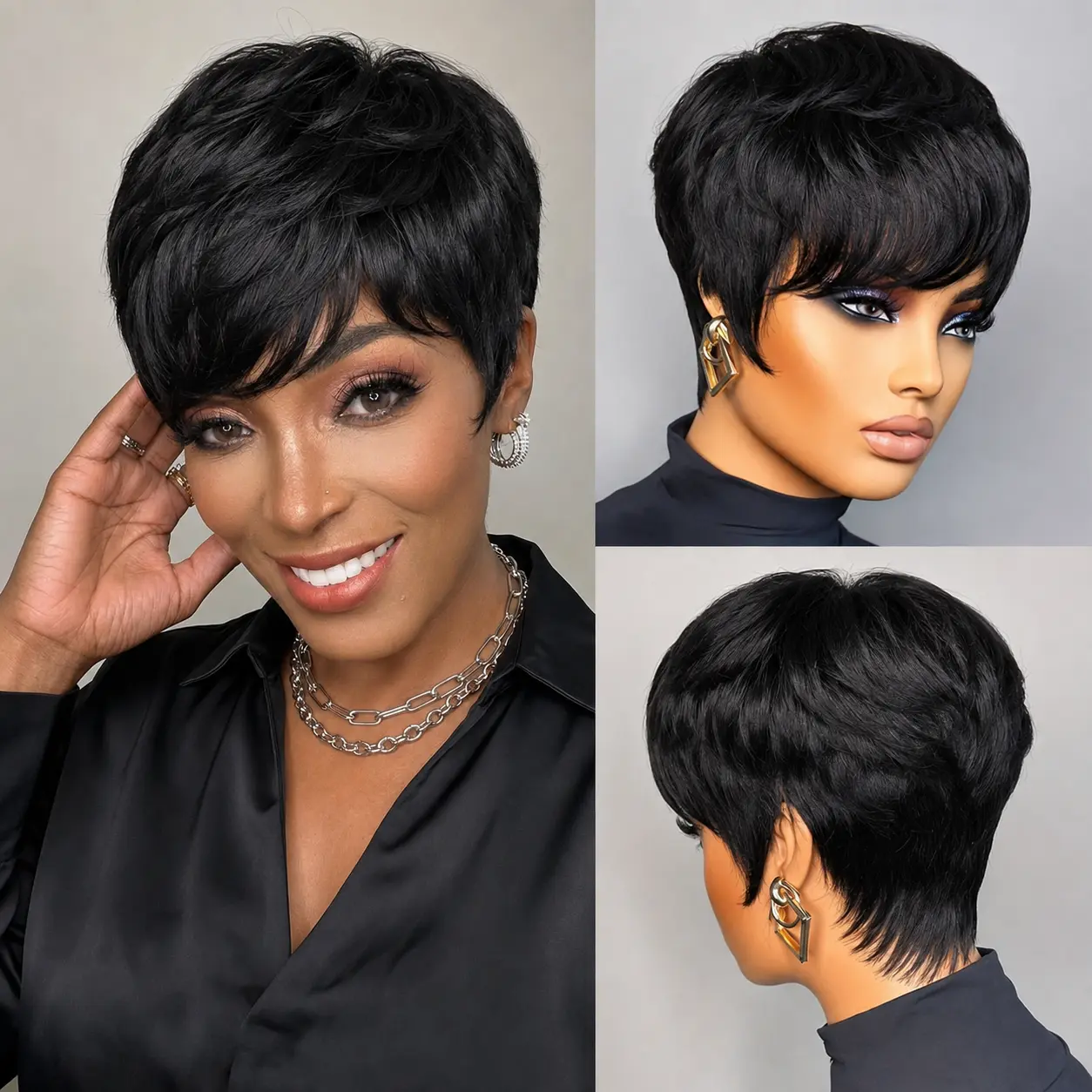 100% Human Hair Short Pixie Wig for Women, 6 Inch Natural Black Layered Short Wig, Breathable Elastic Net Cap, Soft Natural Look, Easy Wear Everyday Wig cut color u full machine