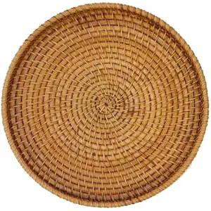 Hand Woven Rattan Serving Basket 8.7 inch - Round Platter for Fruit, Snacks, Appetizers, Bread, Breakfast, BBQs, Parties - Decorative Tray for Living Room, Kitchen, Dining Decor (Small)