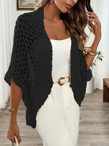 Batwing Sleeve Sweater Wrap, Multiple Colors Available, Hollow Design, Women's Fit Open Front Cardigan, Knitting, Knitwear, Suitable for Spring Summer