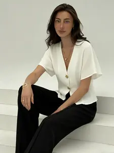 A women's white gold buckle V-neck short sleeved chiffon Blouse shirt with gold buckle decoration to enhance texture, V-neck design to highlight neck, suitable for commuting to work, shopping and outdoor wear
