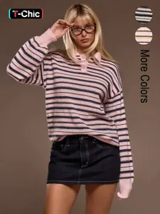 Black Friday Cute Casual Y2K Campus Office Style Loose Knit Striped Collar Button Lantern Long Sleeve Polo Knitwear Sweater
