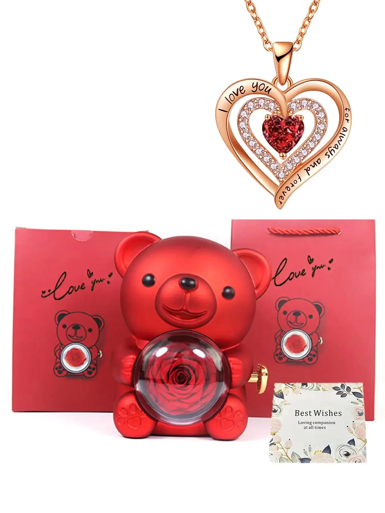 Cute Bear Design Pendant Necklace with Rose Gift Box, Love Heart Necklace, Rhinestone Decor Adjustable Strap Fashion Chain Decorated Necklace, Fashion Jewelry Accessories for Women & Girls