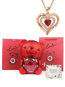 Cute Bear Design Pendant Necklace with Rose Gift Box, Rhinestone Decor Adjustable Strap Necklace, Fashion Jewelry Accessories for Women & Girls