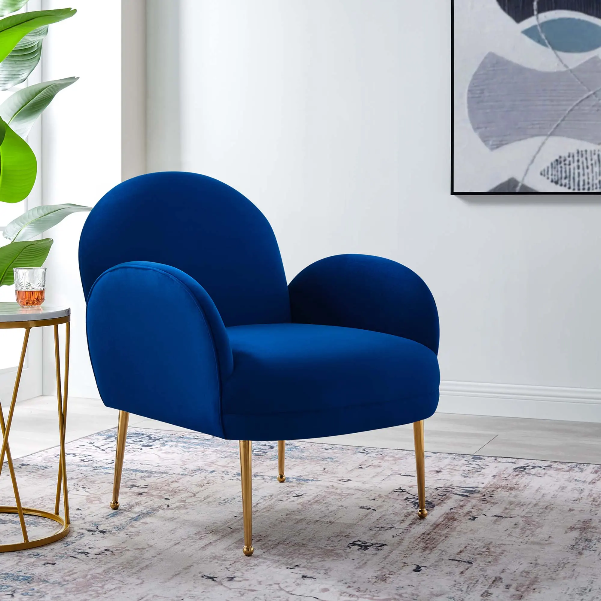 Modway Transcend Performance Velvet Armchair, Navy - Mid-Century Modern Classic Silhouette Indoor Furniture with Glide, for Living Room Decor, Bohemian Entryway Spaces