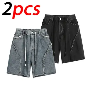 Men’s distressed patchwork denim shorts, 2-pack, elastic waistband, street casual style, casual denim shorts