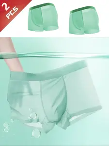 2 Pack Men's Ice Silk Seamless Semi-Transparent Boxer Shorts, Breathable and Lightweight Summer Underwear, Comfortable Casual Fit with Elastic Waistband
