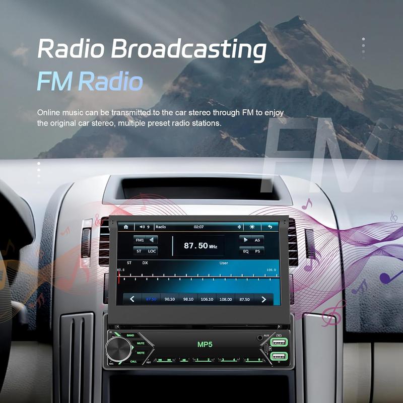 Car Stereo Single Din Touchscreen, 7 Inch Flip Out Car Radio 1 DIN with Bluetooth FM Radio Mirror Link for Android/iOS Phone Support TF/USB + Camera + MIC