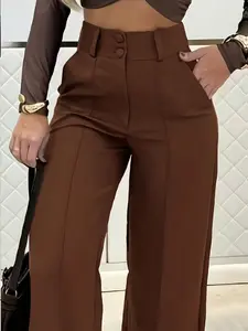 Women's High Waist Wide Leg Pants, Dual Button Decoration, Fashionable Daily Wear, Stylish and Comfortable, Perfect for Casual