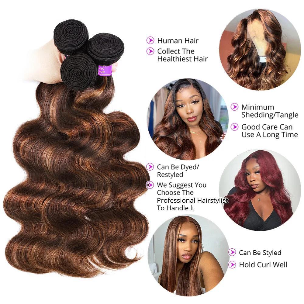 FB 30 Brown Highlight Human Hair Bundles P4 27 Highlight Body Wave Bundles Ombre Colored Remy Human Hair Extentions For Women Curly Hair Extensions Sew In Hair #Summervibes