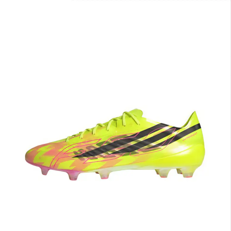 Brand-New Retro Lace-Up Firm-Ground Soccer Cleats - Bright Neon Yellow Upper with Pink Gradient Outline, Bold Black Stripes, Lightweight Slim Shell, Pink-Tipped Clear Studs, Original Shoe Box for Grass-Field Training, Youth Team Drills