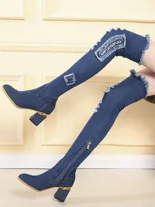 Women's Denim Fashion Over-The-Knee Boots, Rubber Sole, Comfortable Slimming High Heel Shoes, Medium Shoe Width, Perfect for Parties, Shopping, and Socializing