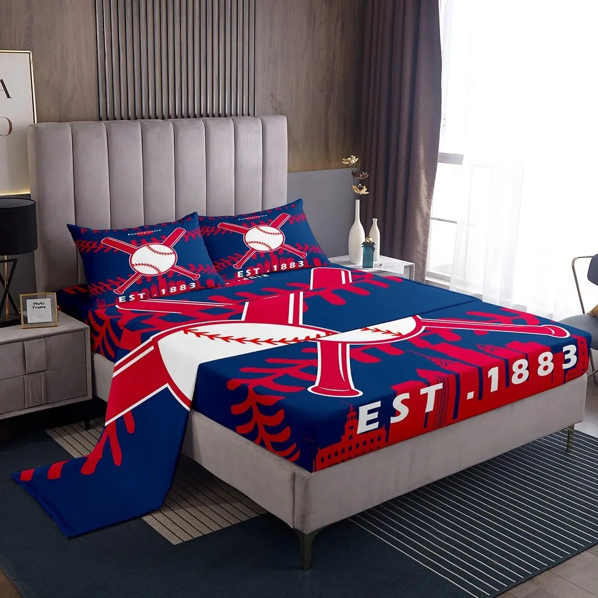 Feelyou Philadelphia Baseball Bedding Set for Boys - Soft Red-Black Baseball Player Sheets, Kids Sports-Themed Queen Size Bedding with Flat & Fitted Sheets Included, Bed Sheets