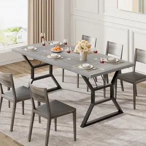 Grey 70.9 in Large Dining Room Table for 6, Rectangular Kitchen Table with Heavy Duty Metal Legs, Farmhouse Wooden Dining Table for Big Family