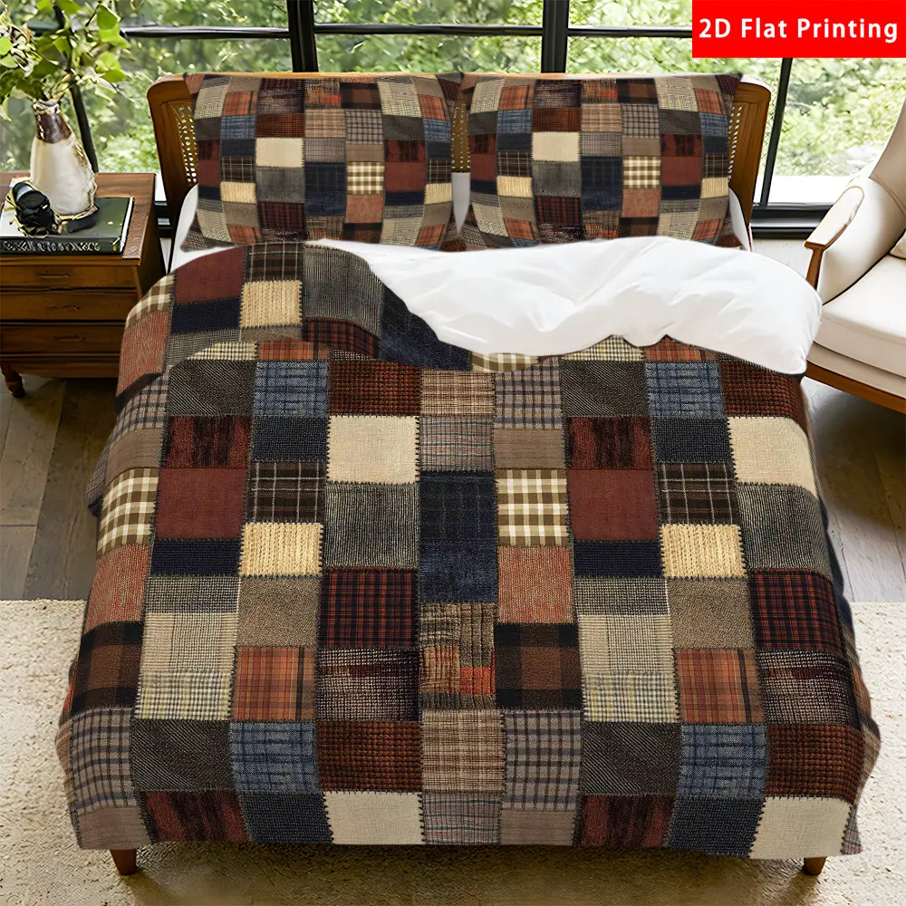 2/3 Pcs 2D Flat Patchwork Plaid Duvet Cover Set Patchwork Plaid Bedding Set Quilt Cover 1 Duvet Cover + 1/2 Pillowcases Patchwork Plaid Top Sheet Decorative Bedding Bedroom Decor