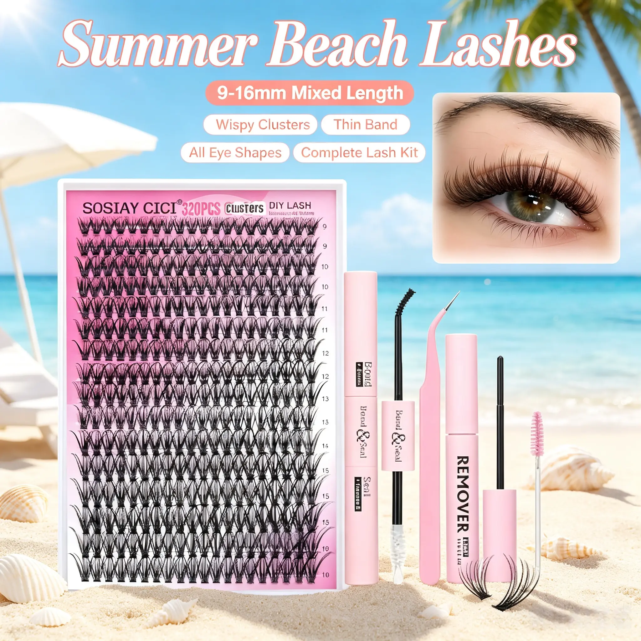 DlY Eyelash Extension Kit Summer Style 320 Pcs 40D Curl Clusters Individual False Eyelashes, Mixed 9-1ómm, with Lash Bond & Seal, Tweezers, Remover, Clear Glue, Eye Makeup Enhancement Products, DlY Lash Extensions at Home, New Year's Day Gift Cosmetic
