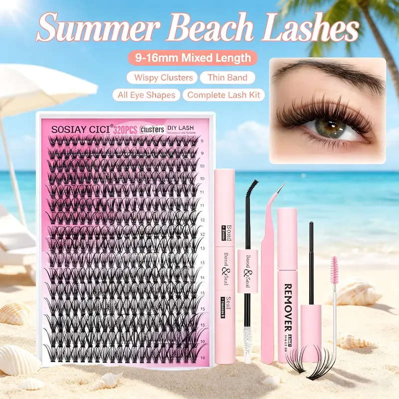 DlY Eyelash Extension Kit Summer Style 320 Pcs 40D Curl Clusters Individual False Eyelashes, Mixed 9-1ómm, with Lash Bond & Seal, Tweezers, Remover, Clear Glue, Eye Makeup Enhancement Products, DlY Lash Extensions at Home, New Year's Day Gift Cosmetic