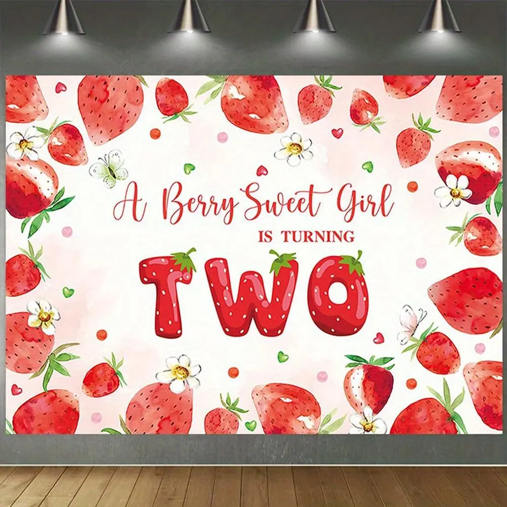 1PC Polyester Reusable 2D Flat Strawberry-Themed 2nd Birthday Photo Backdrop Banner, Multicolor Print, Birthday Girl Party Decoration, Children’s Photography Prop, Home & Festive Supplies Curtain, Banners